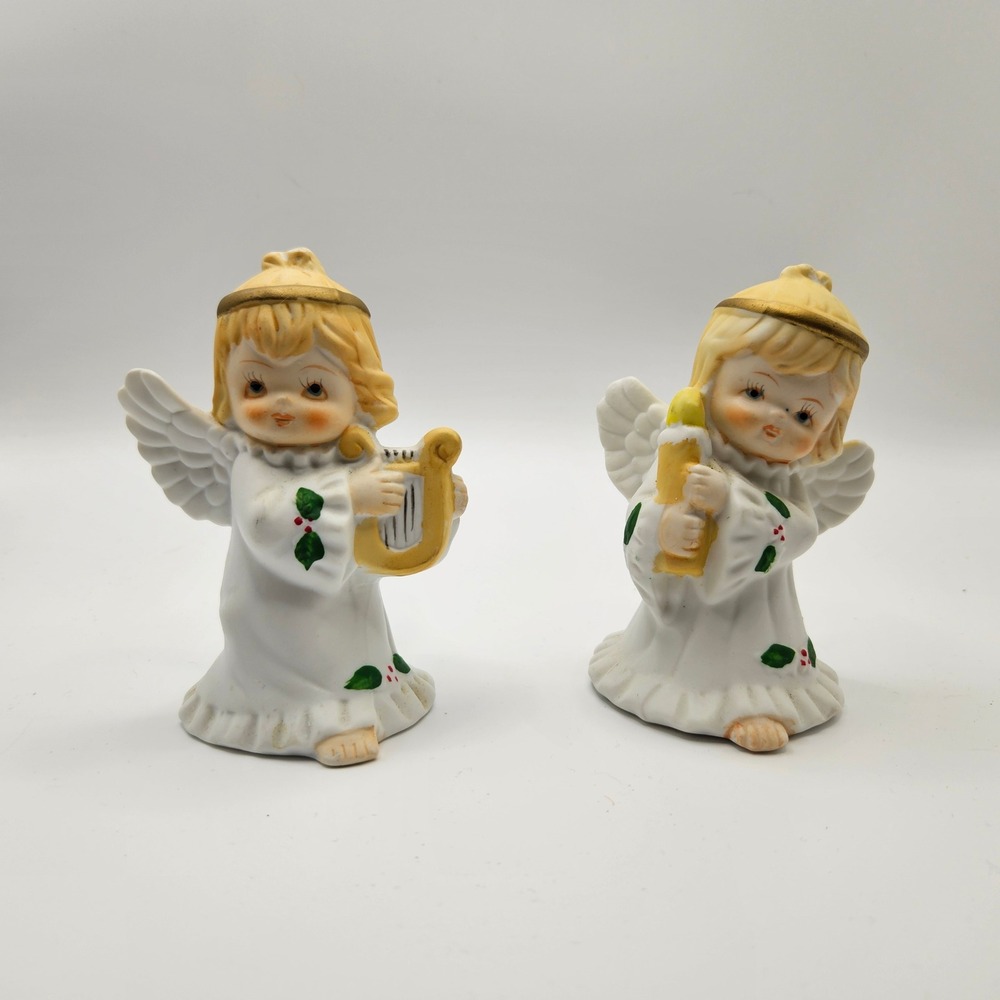Vintage Porcelain Angel Figurines Set Candle and Harp White Christmas Decor‎